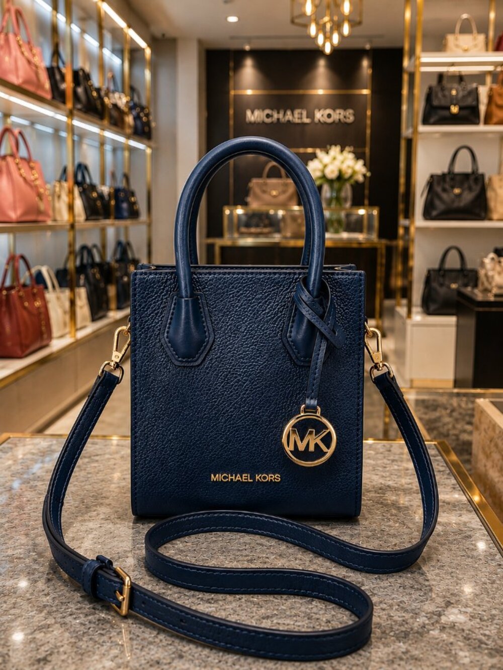 MICHAEL KORS Navy Pebbled Leather Mini Crossbody Satchel Tote Bag Gold Hardware